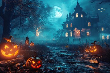 A spooky haunted house with glowing jack-o'-lanterns on a misty Halloween night