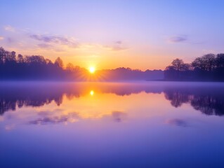 Fototapeta premium A breathtaking sunset paints the sky with hues of orange, pink, and purple, reflecting on a calm lake. The scene is peaceful and serene, capturing the beauty of nature's twilight.