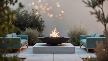 Elegant outdoor patio featuring a minimalist design with a sleek central fire pit, flanked by comfortable modern couches under serene lighting.