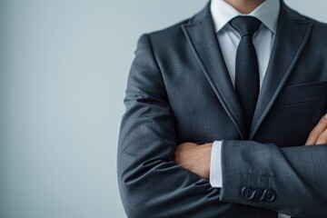 businessman wearing a formal suit and tie, standing with arms crossed, symbolizing confidence, professionalism, and leadership.