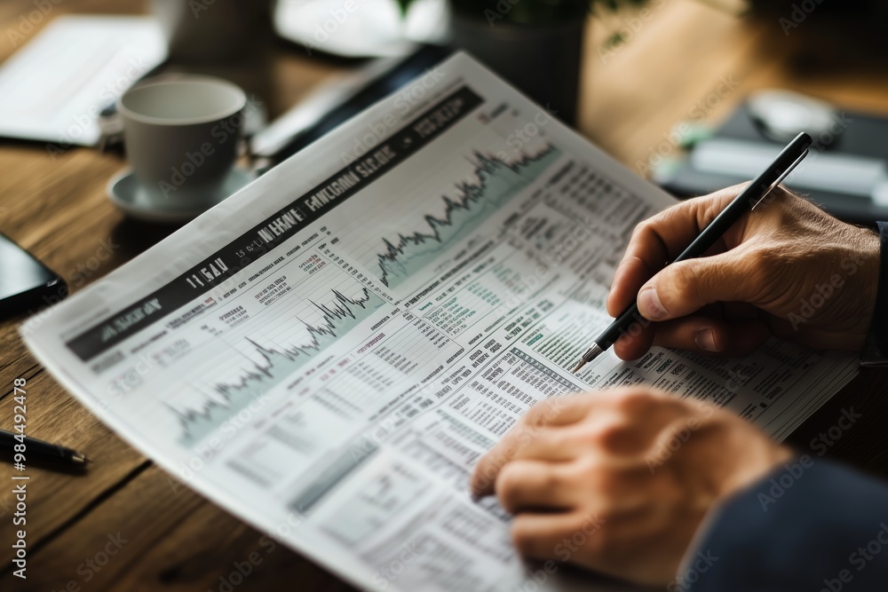 Poster analyzing financial data with graphs and charts while seated at a wooden desk during the afternoon