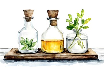 Obraz premium Watercolor Illustration of Three Bottles of Essential Oils with Herbs on a Wooden Tray.
