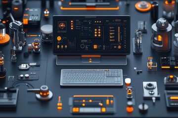 A modern workspace featuring a sleek computer setup with vibrant orange accents and various tech gadgets surrounding it.