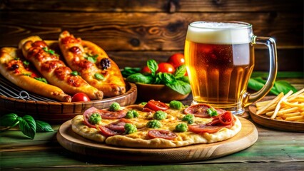 Delicious pizza served with a pint of beer on a wooden table in a rustic setting