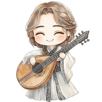 chibi musician playing lute watercolor clip art preview