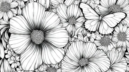 Fototapeta premium A monochromatic illustration portrays an assortment of blossoms with a flying insect perched atop one of them