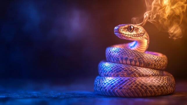 Snake coiling as it casts a poisonous spell, animal wizard, snake casting spell with venomous magical power