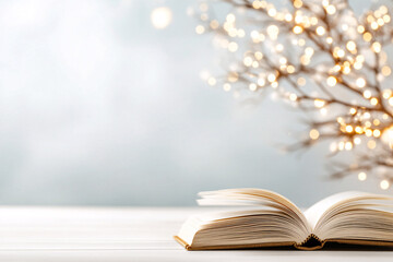 A book is open on a table with a tree in the background. The tree is lit up with lights, creating a warm and cozy atmosphere. The book is a novel, and the scene suggests a quiet