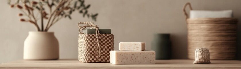 A serene arrangement of natural decor featuring pots, gifts, and earth tones that enhance a tranquil atmosphere.