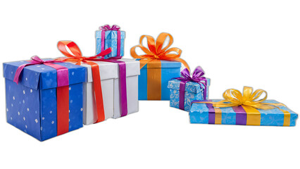 Gift boxes of different colors, wrapped with colorful ribbons and bows. They are arranged on a white background. This image is perfect for any project related to celebration, gifts, presents.