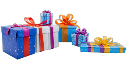 Gift boxes of different colors, wrapped with colorful ribbons and bows. They are arranged on a white background. This image is perfect for any project related to celebration, gifts, presents.