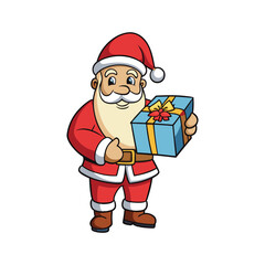 Christmas santa claus holding a gift Vector art illustration isolated on a white background