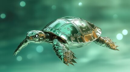 Obraz premium Turtle robot slowly moving on a pastel green background, shell gleaming with metallic patterns.