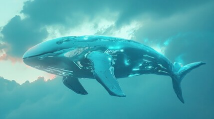 Fototapeta premium Whale robot swimming through pastel blue sky, with glowing fins and sleek, metallic body.