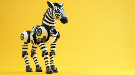 Zebra standing tall on a pastel yellow background, black and white metallic stripes glowing softly.