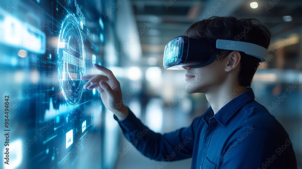 Poster a student uses a virtual reality headset to explore advanced ai technology, showcasing the exciting 