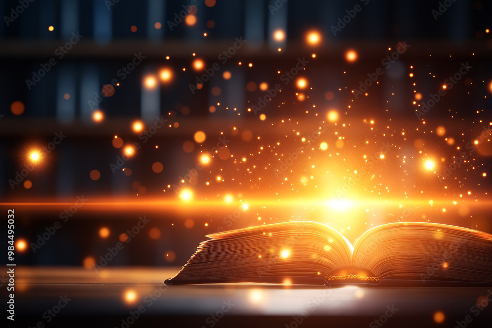 Wall mural a book is open to a page with a bright yellow light shining on it. the light is creating a glowing e