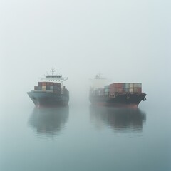 Fototapeta premium Ships in Foggy Harbor at Early Morning Light