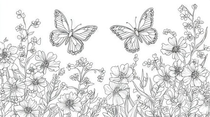   A black-and-white illustration of two butterflies soaring above a daisy-filled meadow