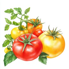 A colorful assortment of ripe tomatoes showcasing their vibrant colors and fresh leaves, ideal for culinary or gardening themes.