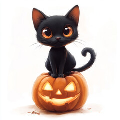 Cute Black Cat in Pumpkin - Halloween Illustration