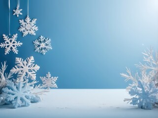 A festive winter scene featuring snowflakes, a Christmas tree, and a snowy landscape in a serene blue setting