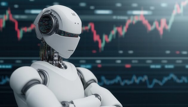 Algorithmic trading robot examining fluctuating market lines on a virtual 3D chart