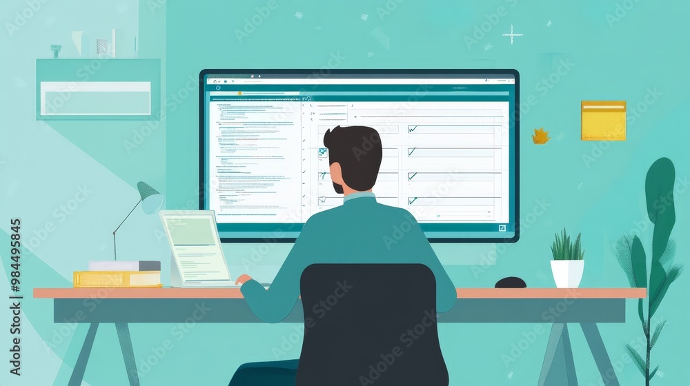 Poster a remote business owner organizing tasks on a project management tool