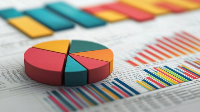 A 3D illustration of a diversified investment portfolio represented by various financial icons graphs and pie charts