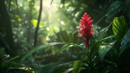 A bright red ginger flower emerging from a dense green background in a tropical rainforest.