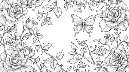  A black and white image featuring a bouquet of roses, with a butterfly positioned at its center