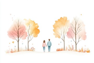 A couple holds hands, surrounded by vibrant autumn trees in a serene landscape, symbolizing love and connection.