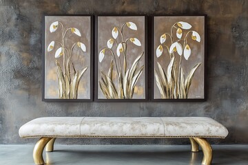 Three gold leafed flowers dominate the white background