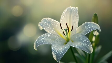 Fototapeta premium A close-up of a delicate white lily flower with dewdrops resting on its petals in soft morning light.