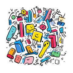 stationery in doodle 2D illustrator style, with cartoonish/symbolic elements and a white background.