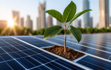 A young plant grows from solar panel, symbolizing connection between renewable energy and sustainability. This image captures essence of decarbonization and eco friendly practices