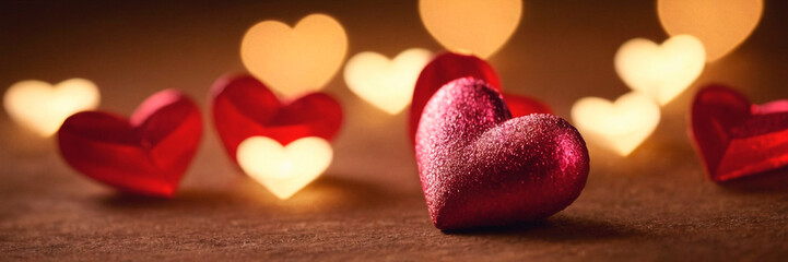 Obraz premium Decorative red hearts with warm glowing lights against a dark background, creating a romantic atmosphere for celebrations