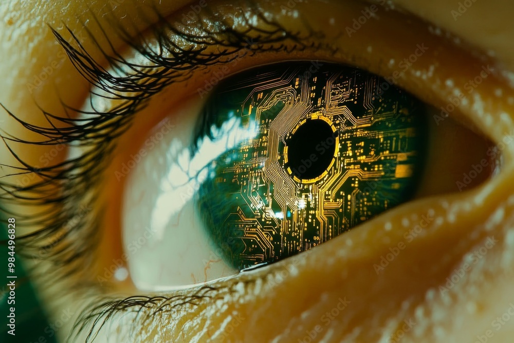 Poster future-looking android eye that protects personal internet security access. evolution of robot dna t
