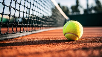 A close-up of an Olympic tennis ball and racket on the court, with the net in the background.
