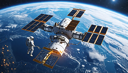 Space Exploration: Astronaut Performing Maintenance on Orbiting Satellite