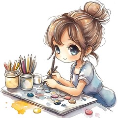 Watercolor Illustration of a Young Woman Painting with Brushes and Paint.