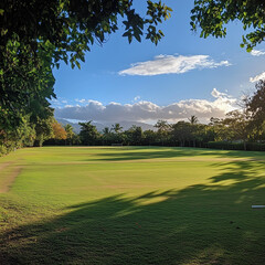 green trees and lawn golf course in clear blue sky