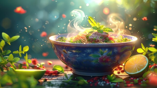 A bowl of steaming noodles with fresh herbs and spices, surrounded by a magical, glowing atmosphere.