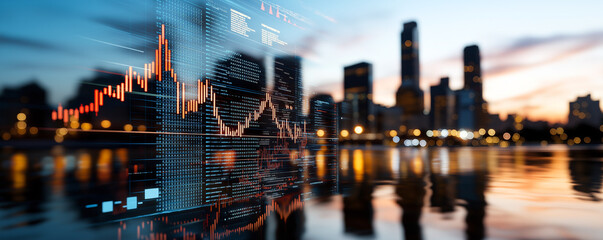 financial graphs over city skyline depict vibrant urban landscape at sunset, symbolizing growth and opportunity in financial sector