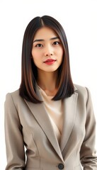 Businesswoman with straight hair, dressed in formal attire, confidently posed against a bright white background, embodying elegance and poise in this clean, modern portrait with a minimalist aesthetic