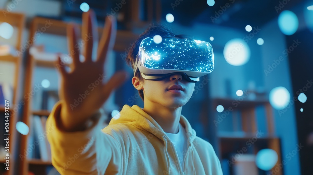 Poster in a modern classroom, a student uses a virtual reality headset to explore artificial intelligence a