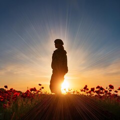 Soldier Silhouette in Sunset over Poppy Field