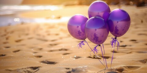 Vibrant violet balloons against a warm sand background, ideal for striking and inviting messages.