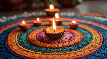 Diwali, Rangoli Mandala Art on floor with oil Lamp
