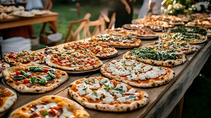 Gourmet Mini Pizzas on Rustic Wooden Table for Catering Event